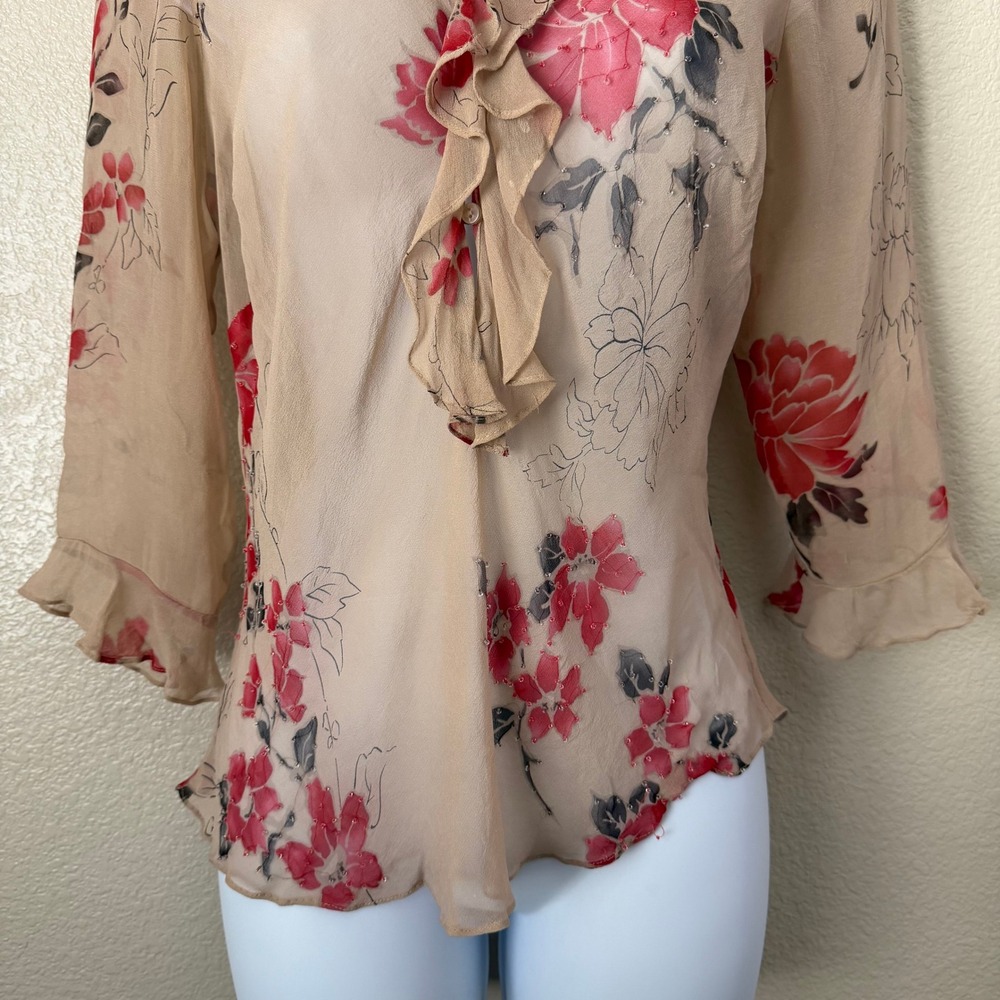 Y2K Euro Floral Beaded 100% Silk Ruffle Sheer Top Vision Apparel Tan Red Medium - Picture 5 of 11